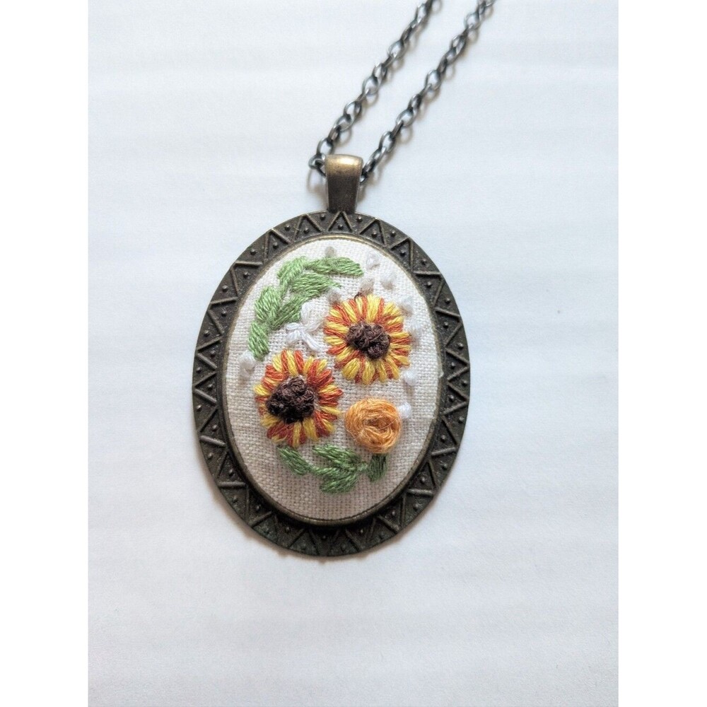 Handmade Embroidered Necklace Pendant Yellow Orange Sun Flowers Sunflower